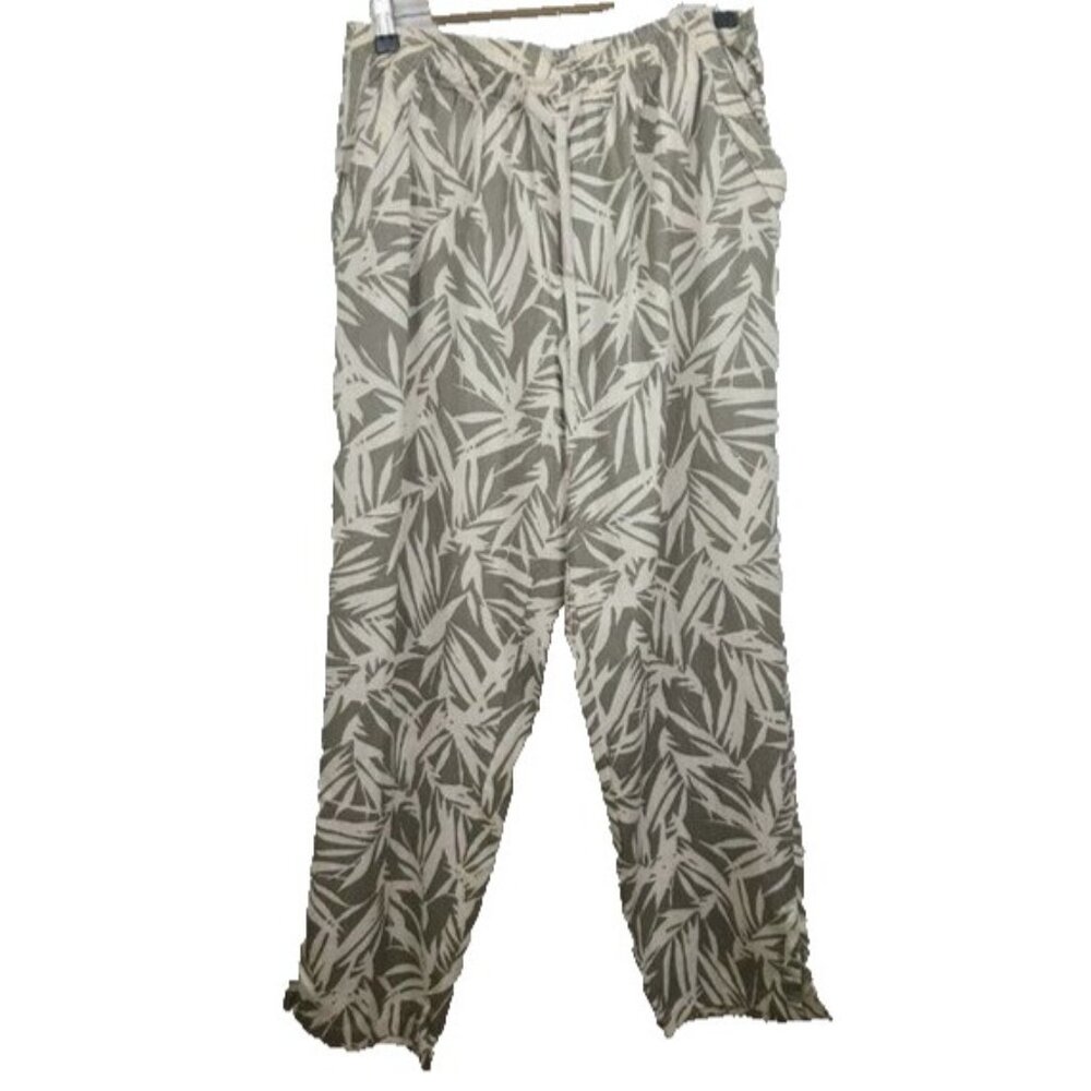 Cathy Womens Linen Blend Pants Large Leaf Print Straight Leg Coastal Casual